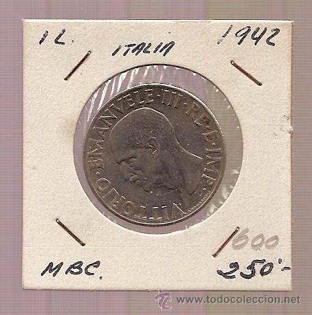Monedas antiguas de Europa: MONEDA 1 LIRA ITALIA A&Ntilde;O 1942 MBC