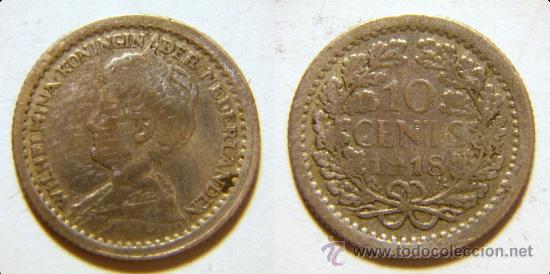 Monedas antiguas de Europa: Moneda de Holanda 10 cent. 1918 plata - Foto 1