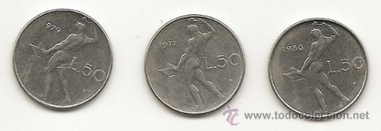 Monete antiche di Europa: ITALIA. 3 MONEDAS DE 50 LIRAS DE LOS A&Ntilde;OS 1977, 79 Y 80.