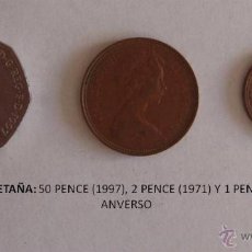 Monedas antiguas de Europa: MONEDAS DE GRAN BRETAÑA: 50 PENCE (1977), 2 PENCE (1971) Y 1 PENNY (1981)
