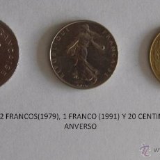 Monedas antiguas de Europa: MONEDAS DE FRANCIA: 2 FRANCOS (1979), 1 FRANCO (1991) Y 20 CENTIMES (1963)