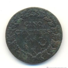 Monedas antiguas de Europa: FRANCIA AÑO 1795 PRIMERA REPUBLICA AÑO 7 RAROS CINCO CÉNTIMOS CECA DE BURDEOS.. Lote 39615538