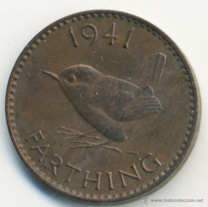 Monedas antiguas de Europa: 1941 Inglaterra 1 Farthing - Foto 2