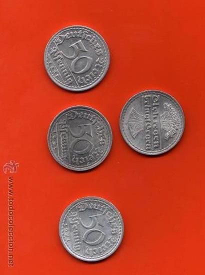 Monedas antiguas de Europa: Alemania 50 pfennig 1920A,1921A,1922A y 1921F y 1921J, 4 monedas