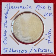 Monedas antiguas de Europa: ALEMANIA - MONEDA DE PLATA - 5 FRANCOS DEL AÑO 1978 D - GUSTAV STRESEMANN. Lote 91628540