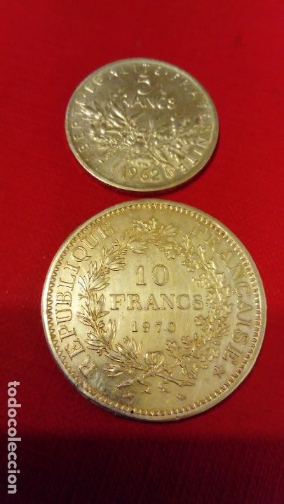 Monedas antiguas de Europa: Monedas de plata de 5 y 10 Francos - Foto 1