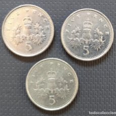 Monedas antiguas de Europa: FIVE 5 PENCE, LOTE DE 3 MONEDAS // ELIZABETH PENNY POUND LIBRA INGLATERRA GRAN BRETAÑA BRITÁNICA ORO. Lote 212090983