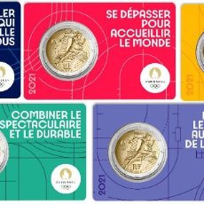 Monedas antiguas de Europa: FRANCIA 2 EURO 2021 OLIMPIADAS DE PARIS 2024 LOS 5 COIN CARD DIFERENTES COLORES
