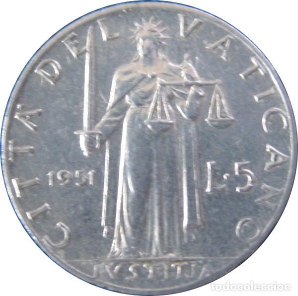 Monedas antiguas de Europa: Vaticano, 5 Liras 1951 ''Pio XII'' KM#51.1./ Sin Circular o casi./ Foto.