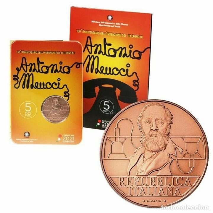 Monete antiche di Europa: Italia 2021 5 euros Moneda Cobre Aniversario Invenci&oacute;n Tel&eacute;fono Antonio Meucci