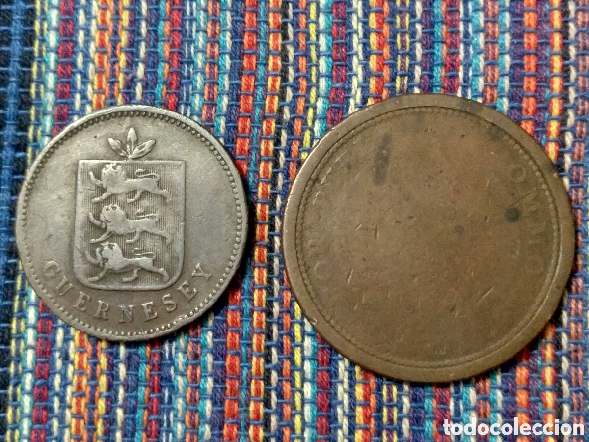 Monedas antiguas de Europa: DOS MONEDAS 4 DOUBLES 1830 GUERNESEY Y PENNY POCO VISIBLE INGLATERRA GRAN BRETA&Ntilde;A REINO UNIDO