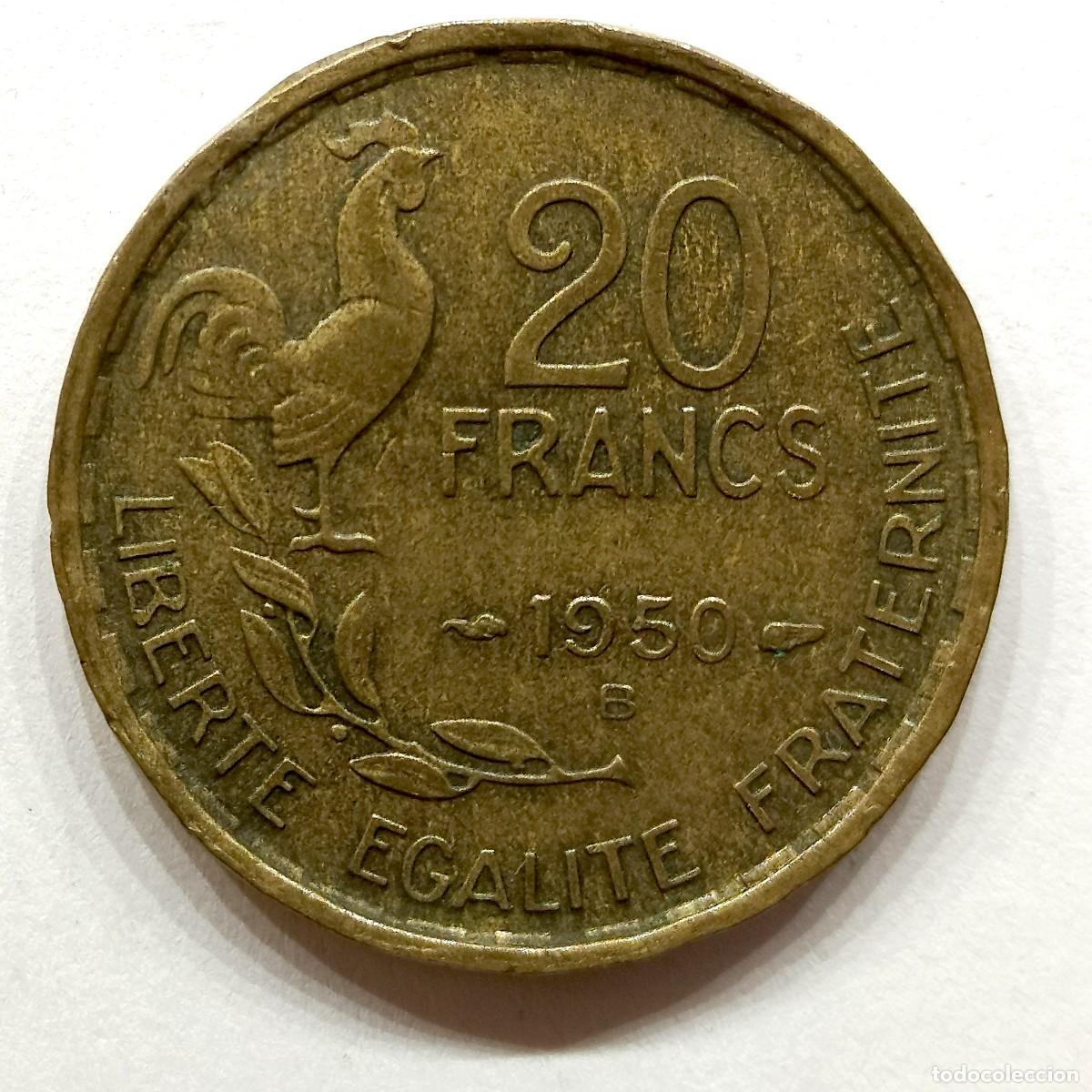 Monnaies anciennes de Europe: 20 FRANCS 1950 &rdquo;B&rdquo; , Republique Francaise, G. Guiraud EBC RARA Gallo 4 plumas, 4gr. bronce-aluminio