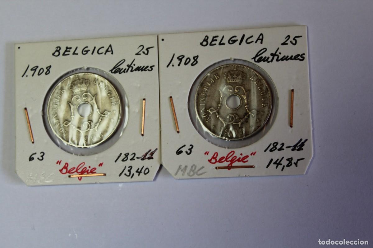 Alte M&uuml;nzen aus Europa: lote de 2 Monedas de 25 Centimes de 1908 KM 63 de BELGICA en MBC y Belgie