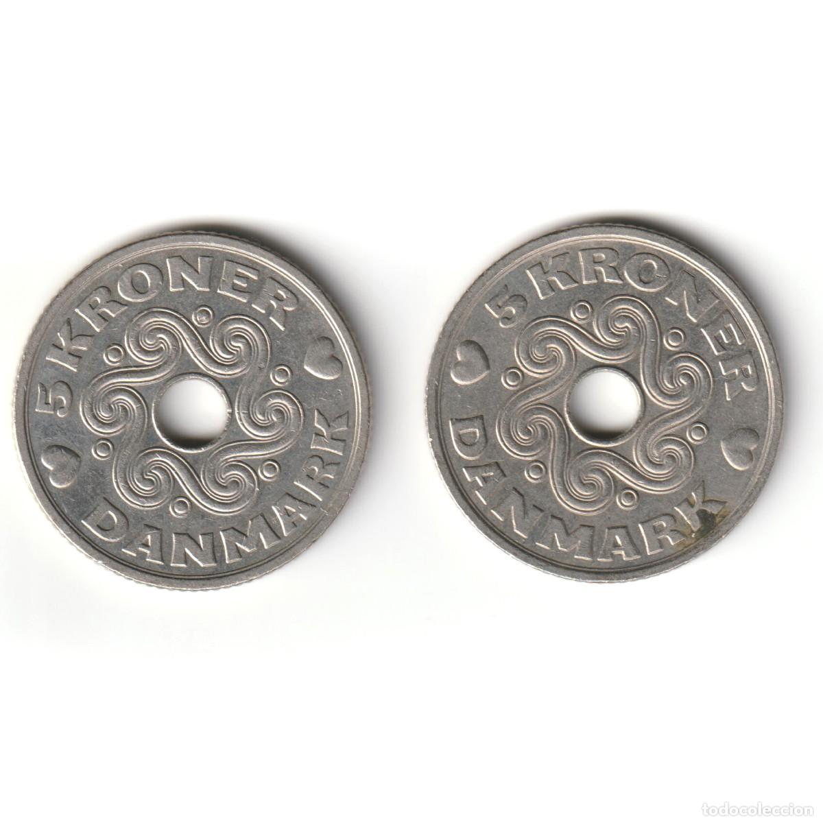 Monedas antiguas de Europa: Dinamarca dos monedas de 5 kroner - Foto 1