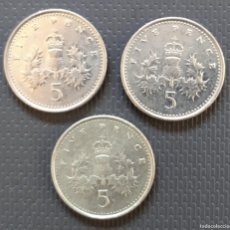 Monedas antiguas de Europa: FIVE 5 PENCE, LOTE DE 3 MONEDAS // PENNY BILLETES INGLATERRA PESETAS EURO NUMISMÁTICA POSTALES SELLO