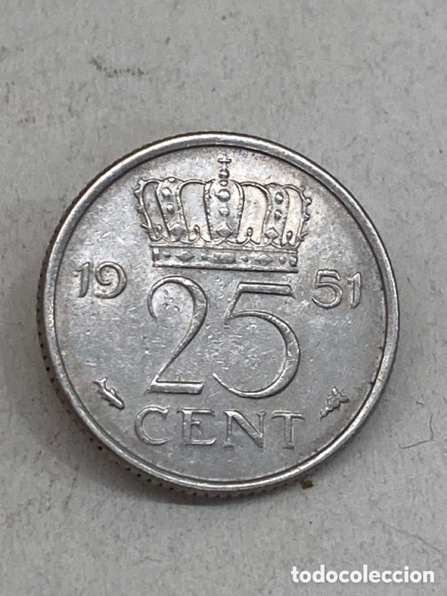 Monedas antiguas de Europa: Moneda 25 Cent 1951 Holanda V20 - Foto 2