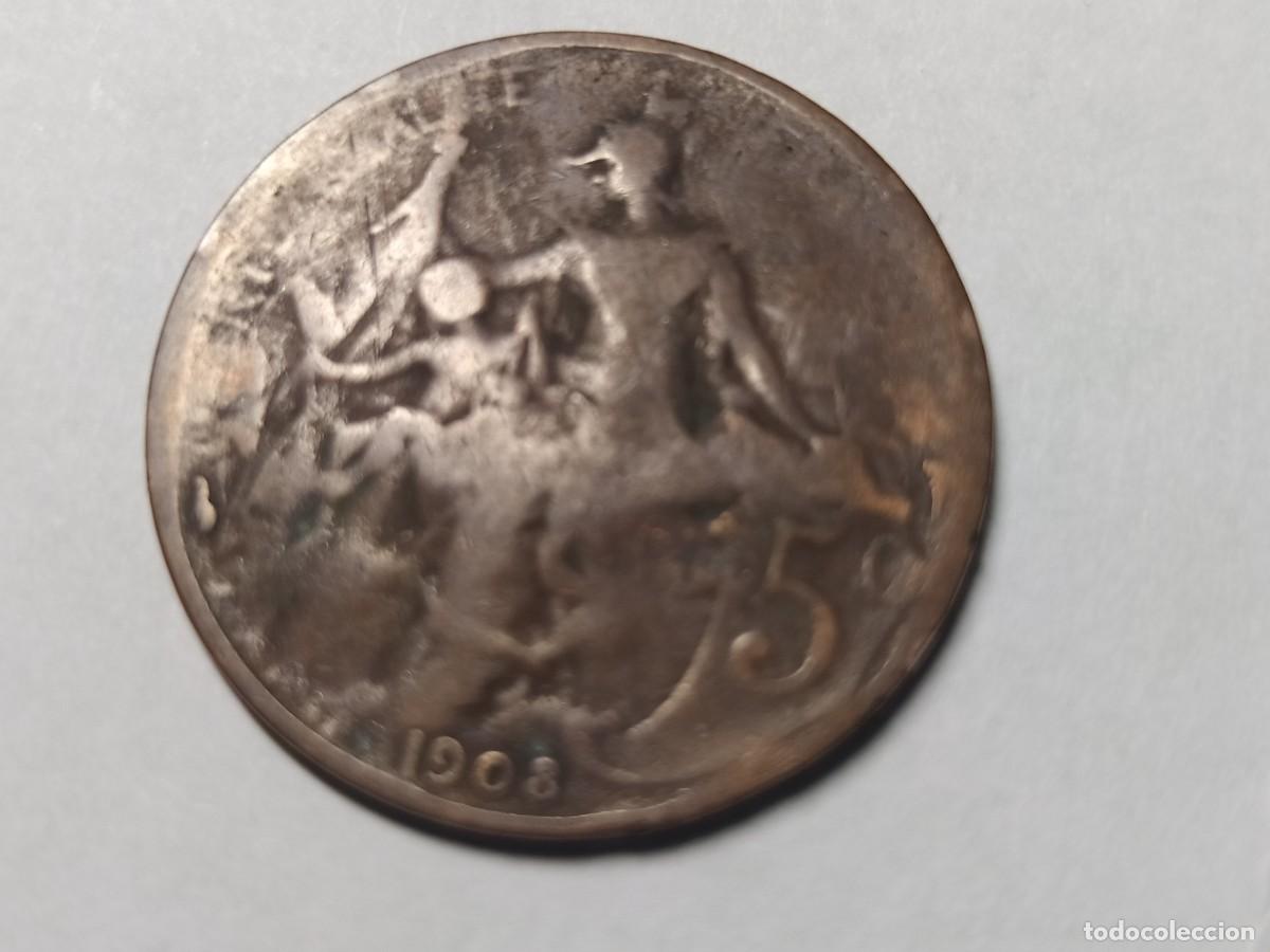 Monedas antiguas de Europa: 1 moneda 5 centimos Rep&uacute;blica Francesa 1908 - Foto 2