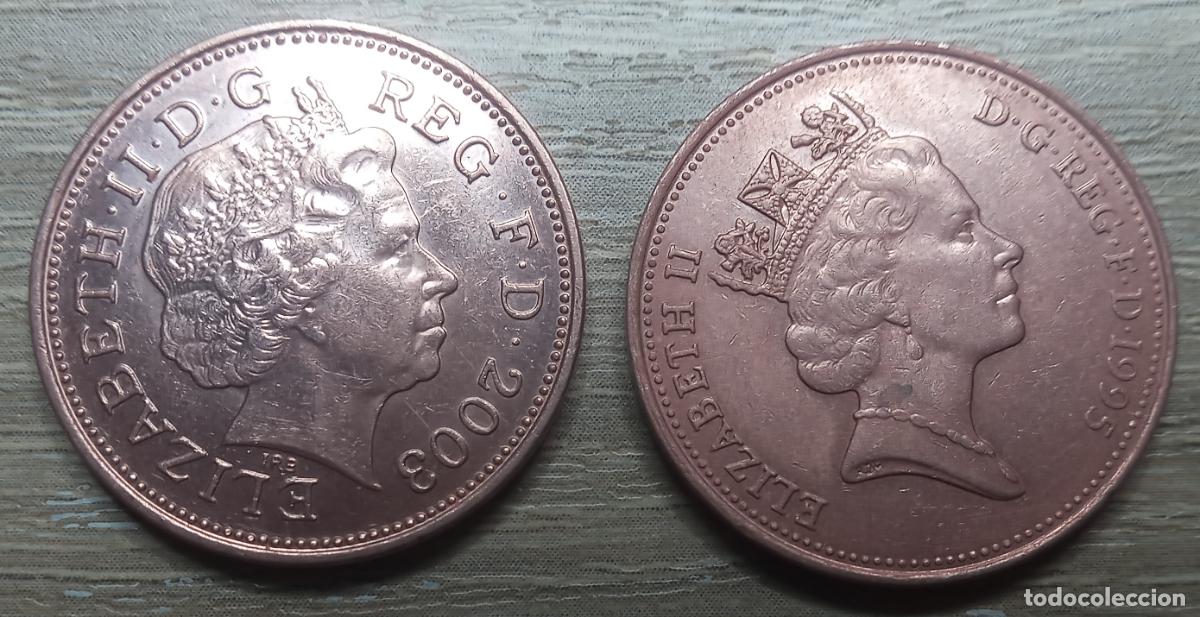 Monedas antiguas de Europa: 2 monedas de 2 pence, Isabel II, Brit&aacute;nicas, 1995 - 2003