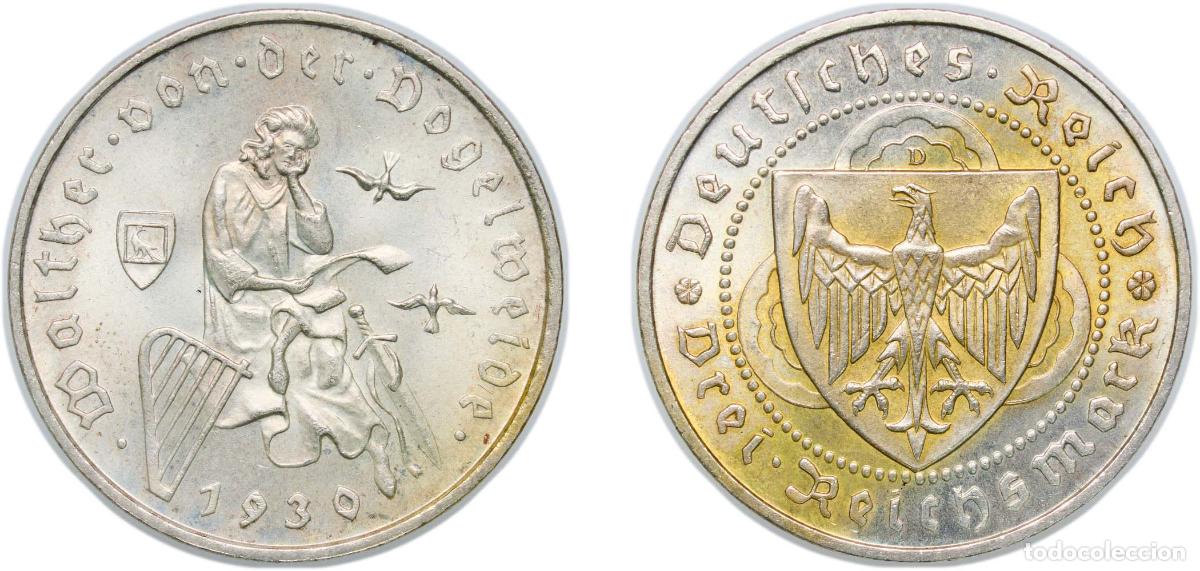 Monete antiche di Europa: Germany - 1871-1948 Weimar Republic 1930 D 3 Reichsmark (Walther von der Vogelweide) Silver (.500)