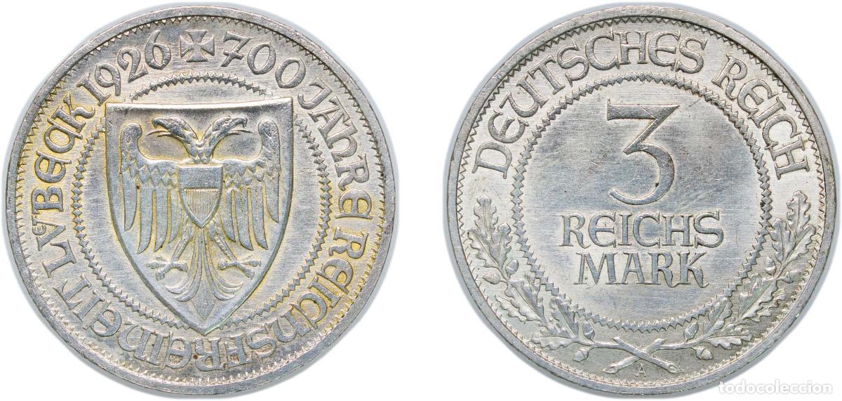 Moedas antigas da Europa: Germany - 1871-1948 Weimar Republic 1926 A 3 Reichsmark (L&uuml;beck) Silver (.500) (200000) 15.13g AU K