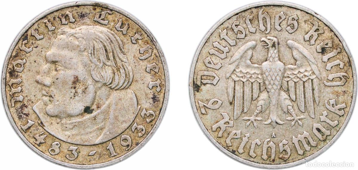 Monete antiche di Europa: Germany - 1871-1948 1933 A 2 Reichsmark (Martin Luther) Silver (.625) (541900) 7.99g XF KM 79 AKS 9
