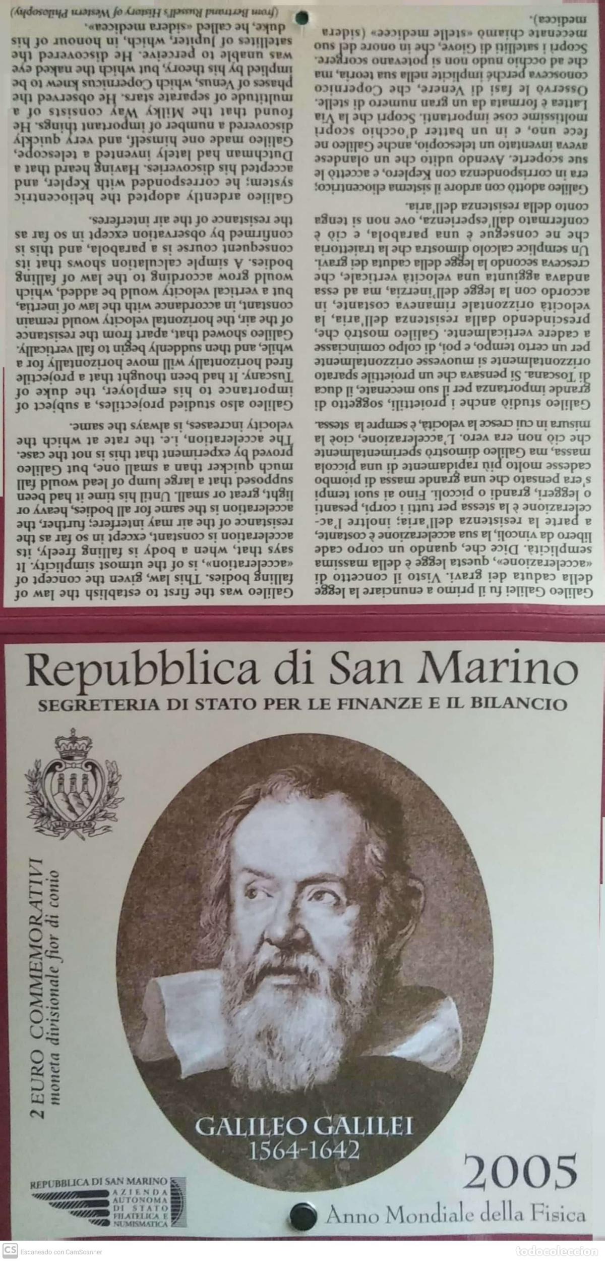 Monedas antiguas de Europa: San Marino 2005. Cartera Oficial 2 Euros FDC. Galileo Galilei.