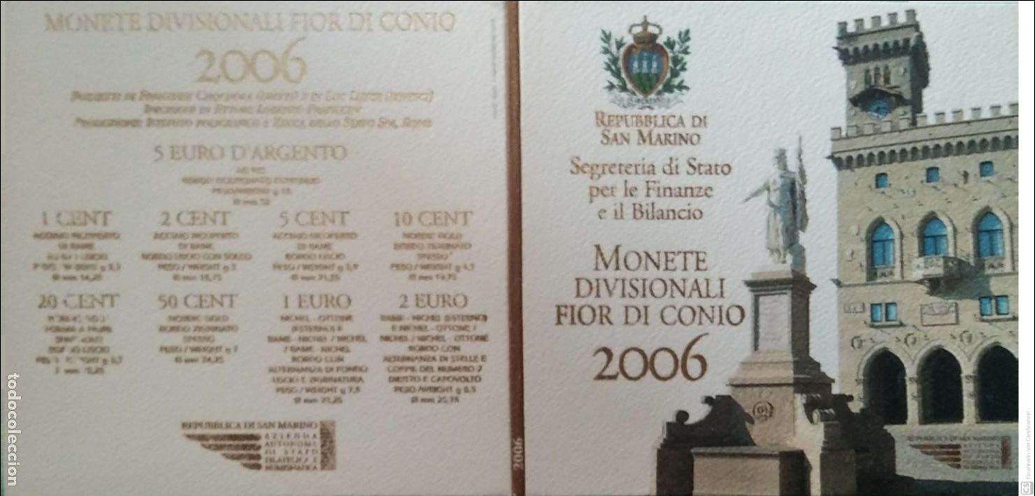 Monedas antiguas de Europa: San Marino 2006.Cartera Oficial con los 8 valores Euro+ 5 euros conmemorativos en plata FDC.