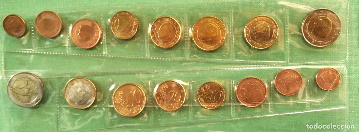 Monedas antiguas de Europa: B&eacute;lgica. Tira de pl&aacute;stico conteniendo las ocho monedas de euro de varios a&ntilde;os. Ver detalle.