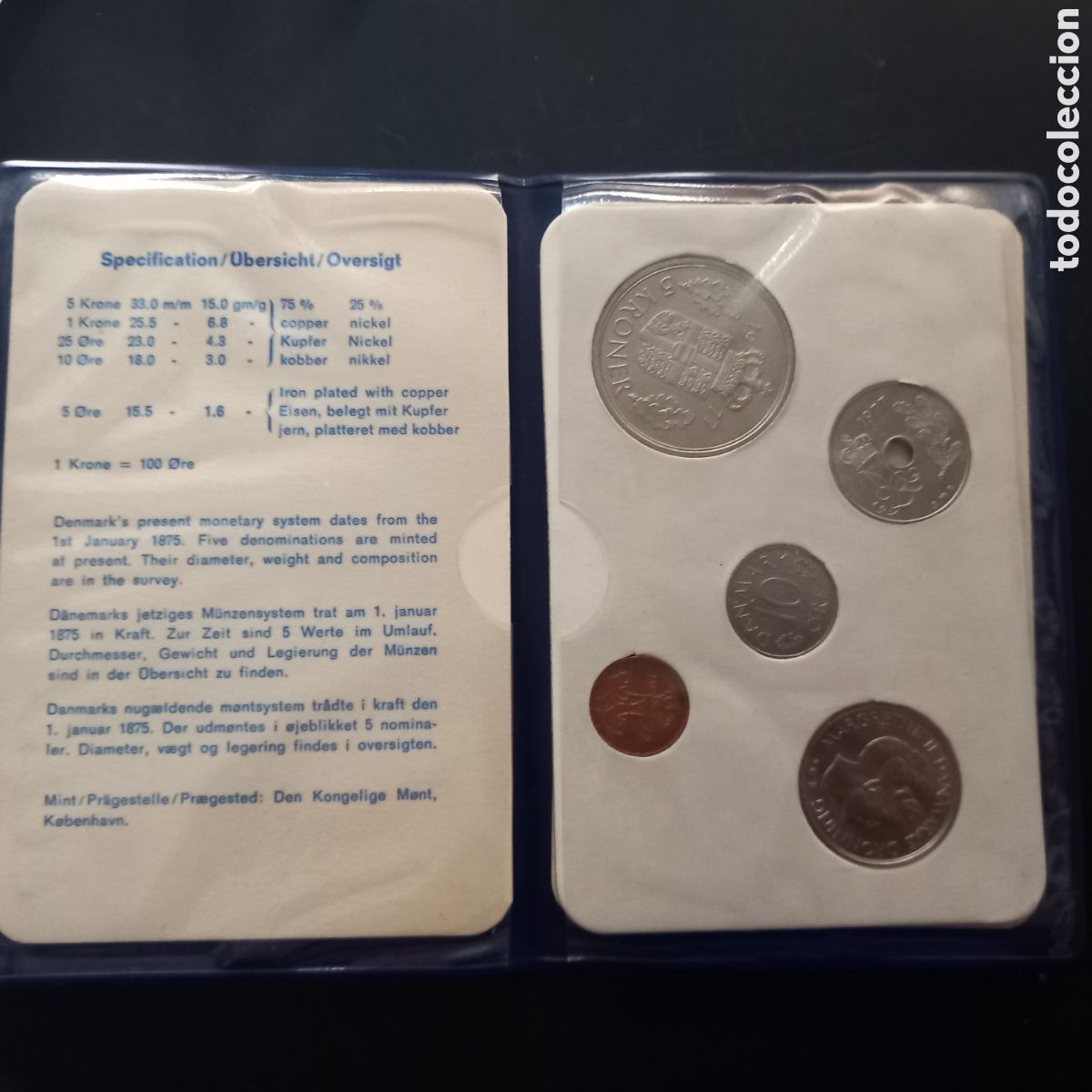 Monedas antiguas de Europa: Monedas danesas en cartera 1977 - Foto 2