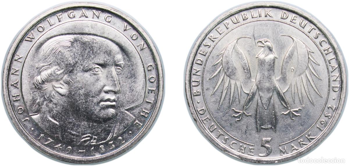 Monedas antiguas de Europa: Germany Federal Republic of Germany 1982 D 5 Deutsche Mark (Johann Wolfgang von Goethe) Copper-nick