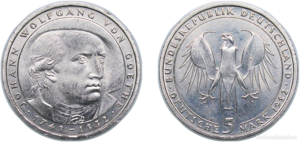 Monedas antiguas de Europa: Germany Federal Republic of Germany 1982 D 5 Deutsche Mark (Johann Wolfgang von Goethe) Copper-nick