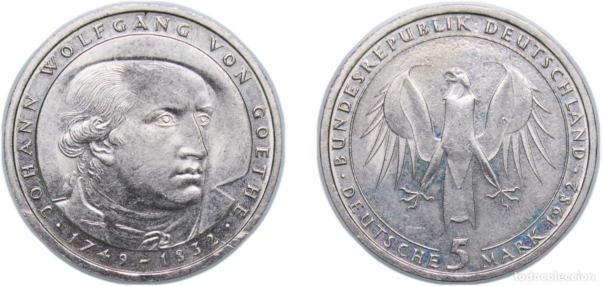 Monedas antiguas de Europa: Germany Federal Republic of Germany 1982 D 5 Deutsche Mark (Johann Wolfgang von Goethe) Copper-nick