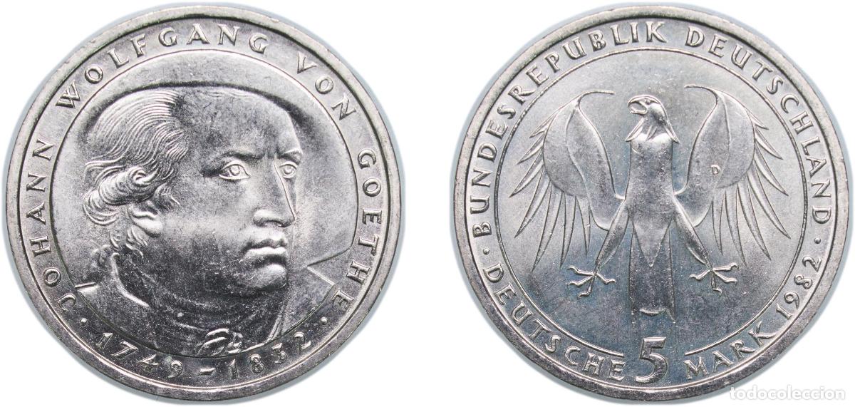 Monedas antiguas de Europa: Germany Federal Republic of Germany 1982 D 5 Deutsche Mark (Johann Wolfgang von Goethe) Copper-nick