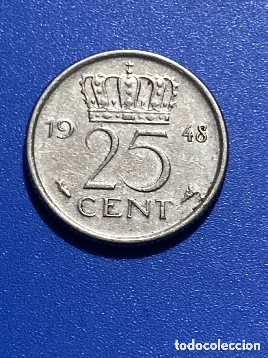 Monedas antiguas de Europa: Holanda 25 centimos 1948 - Foto 2