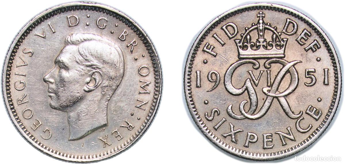 Monedas antiguas de Europa: Great Britain United Kingdom 1951 6 Pence - George VI (3rd coinage) Copper-nickel (75% Cu, 25% Ni)