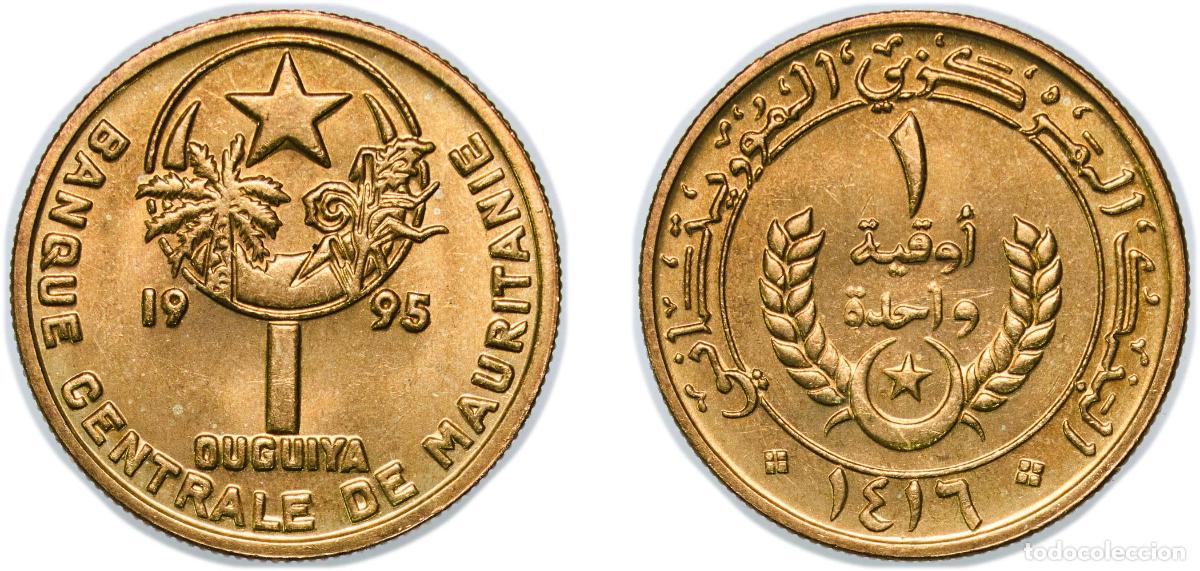 Monedas antiguas de Europa: Mauritania AH1416 - 1995 1 Ouguiya (with &rdquo;واحدة&rdquo;) Aluminium bronze 3.52g BU KM 6 Sch&ouml;n 3