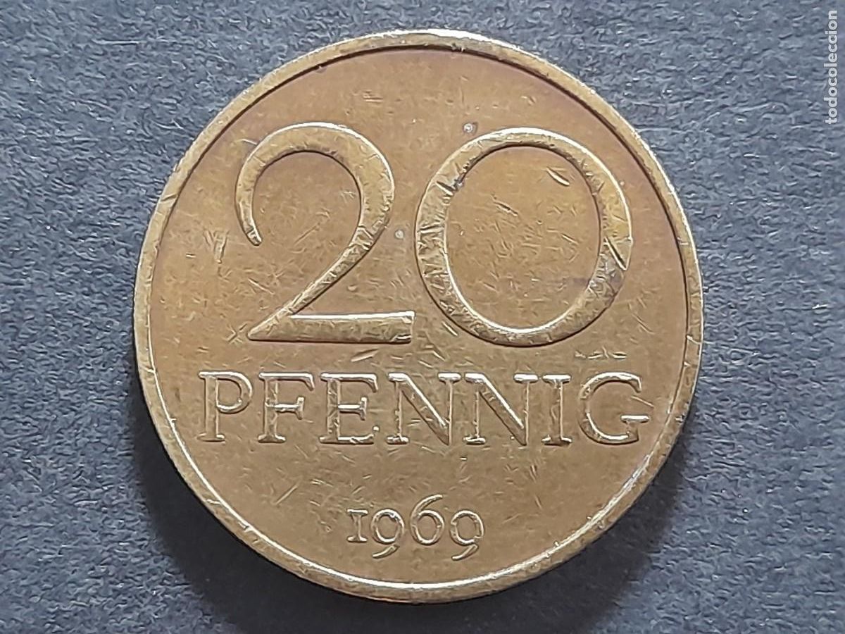 Moedas antigas da Europa: Moneda 20 Pfennig Peniques 1969, km 11, Alemania Oriental RDA, calidad MBC.