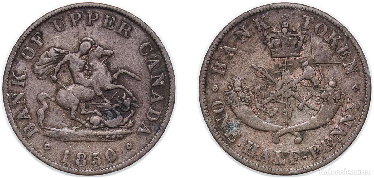 Moedas antigas da Europa: Canada United Province of Canada 1850 &frac12; Penny - Bank of Upper Canada Copper 7.44g VF CCT PC-5 Breto