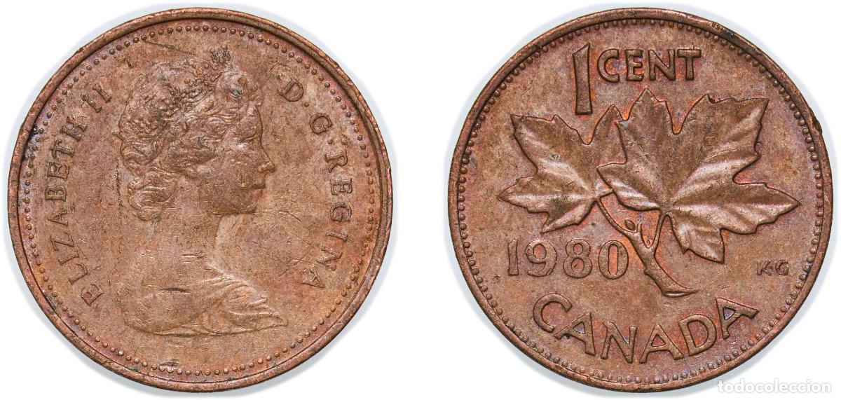 Moedas antigas da Europa: Canada 1980 1 Cent - Elizabeth II (2nd portrait modified; reduced weight) Bronze (98% copper, 1.75%