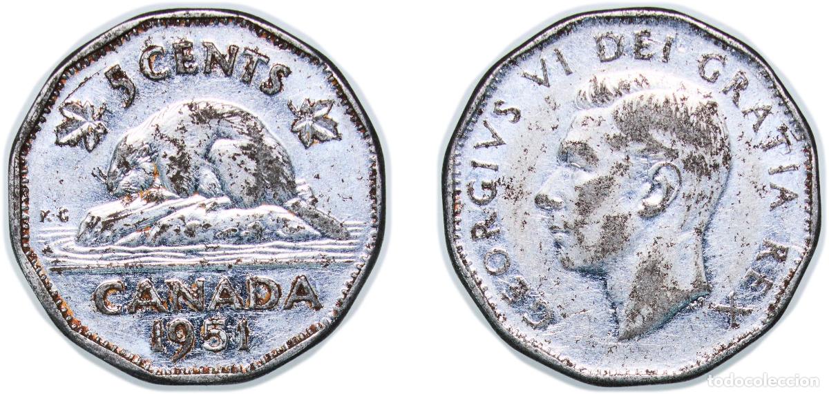 Moedas antigas da Europa: Canada 1951 5 Cents - George VI (steel) Chromium plated steel (4313410) 4.5g XF KM 42a Sch&ouml;n 41a