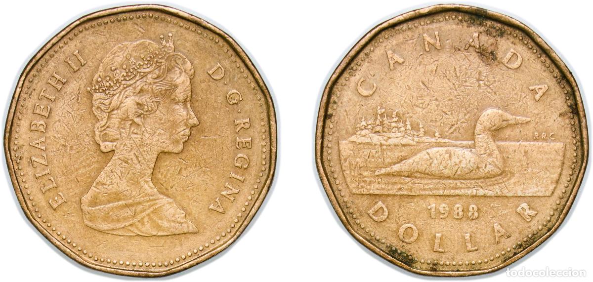 Moedas antigas da Europa: Canada 1988 1 Dollar - Elizabeth II (2nd portrait) Bronze plated nickel (.915 nickel, .085 bronze)
