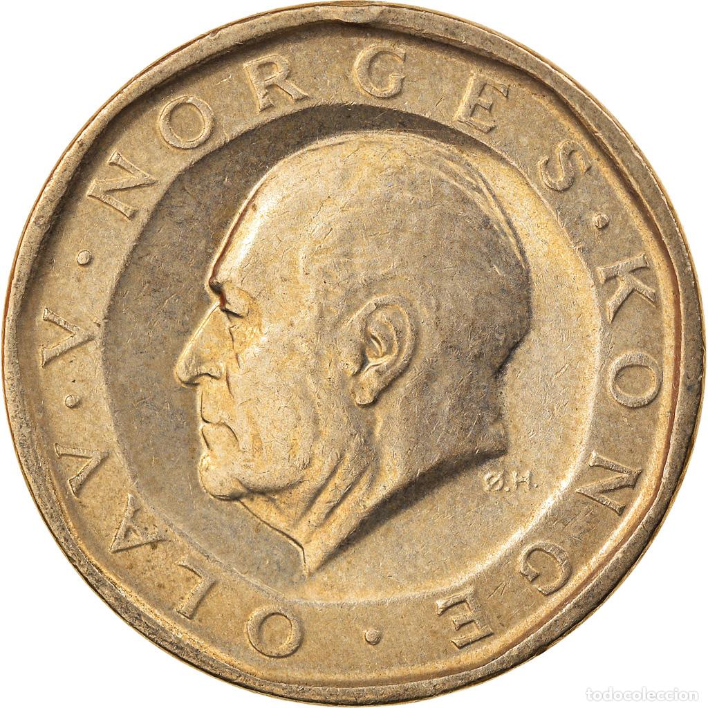 Moedas antigas da Europa: [#745303] Moneda, Noruega, Olav V, 10 Kroner, 1987, MBC, N&iacute;quel - lat&oacute;n, KM:427