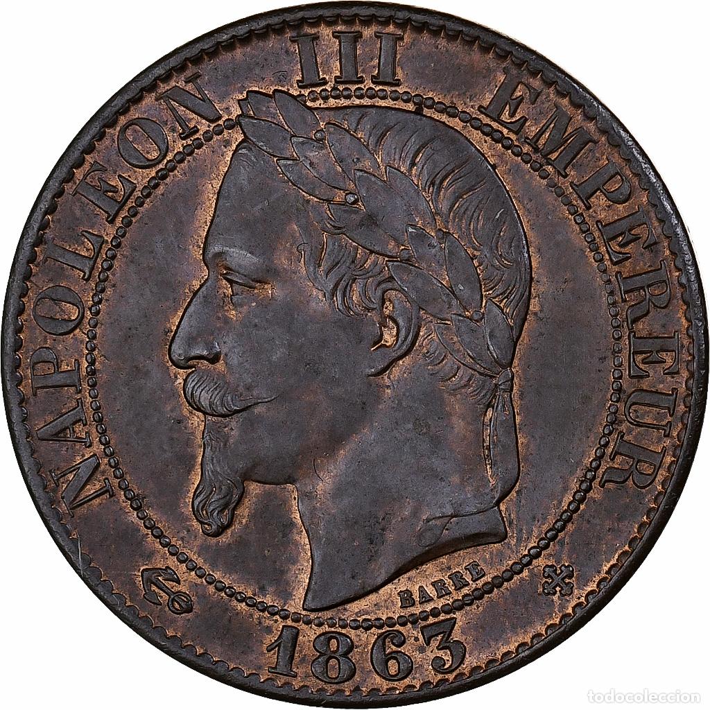 Old Coins of Europe: [#10463] Francia, Napoleon III, 5 Centimes, 1863, Strasbourg, Bronce, EBC+, Gadoury:155