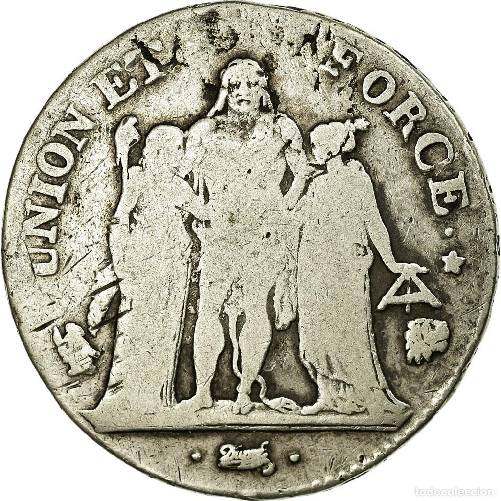 Moedas antigas da Europa: [#13608] Moneda, Francia, Union et Force, 5 Francs, 1796, Bayonne, BC, Plata, KM:639.6