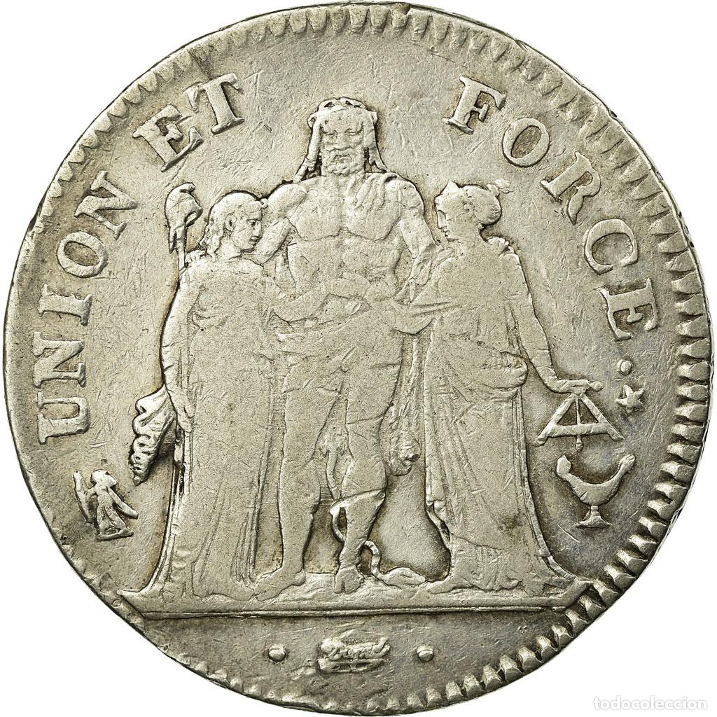 Moedas antigas da Europa: [#79148] Moneda, Francia, Union et Force, 5 Francs, 1799, Bordeaux, BC+, Plata, KM:639.5