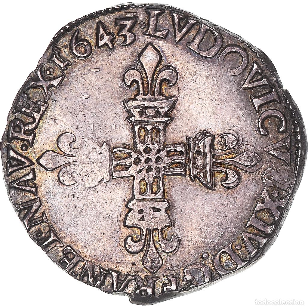 Moedas antigas da Europa: [#1045271] Moneda, Francia, Louis XIV, 1/4 Ecu, frapp&eacute; au marteau, 1643, Bordeaux, EBC