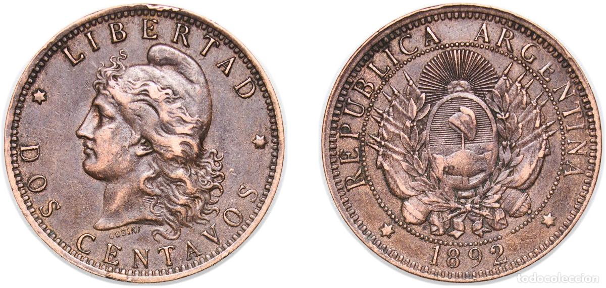 Moedas antigas da Europa: Argentina Federal Republic 1892 2 Centavos Bronze (3497000) 10g XF KM 33