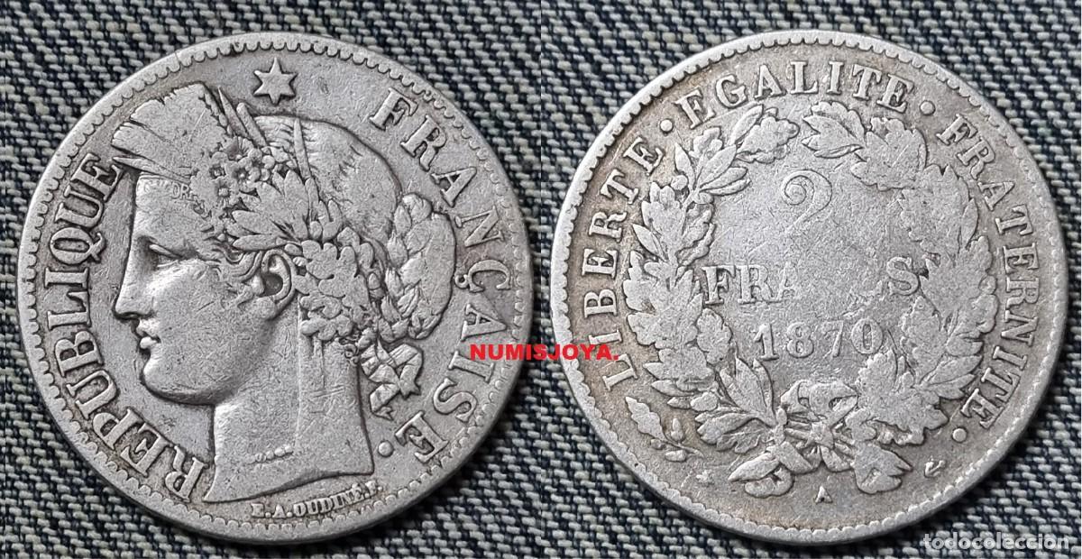 Alte M&uuml;nzen aus Europa: FRANCIA 2 FRANCOS PLATA a&ntilde;o 1870 A Par&iacute;s. Peso actual 9,76 gr. 27 mm.