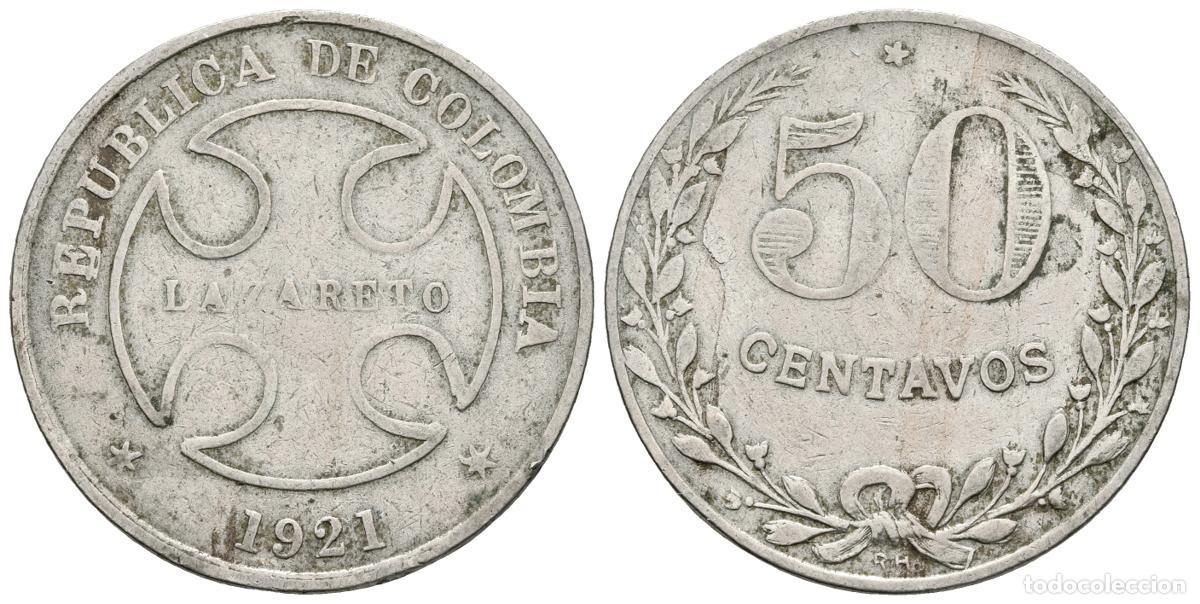 Monedas antiguas de Europa: COLOMBIA. 50 Centavos. 1921. Bogot&aacute;. Leprosario-Lazareto. Km#L13. Ni. 9,98g. MBC. Escasa.. COLOMBIA.