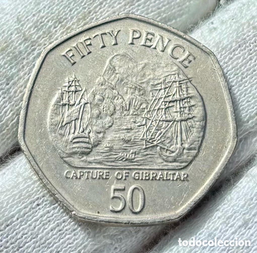 Old Coins of Europe: Moneda GIBRALTAR 50 Peniques 2005. Captura De Gibraltar. Pence
